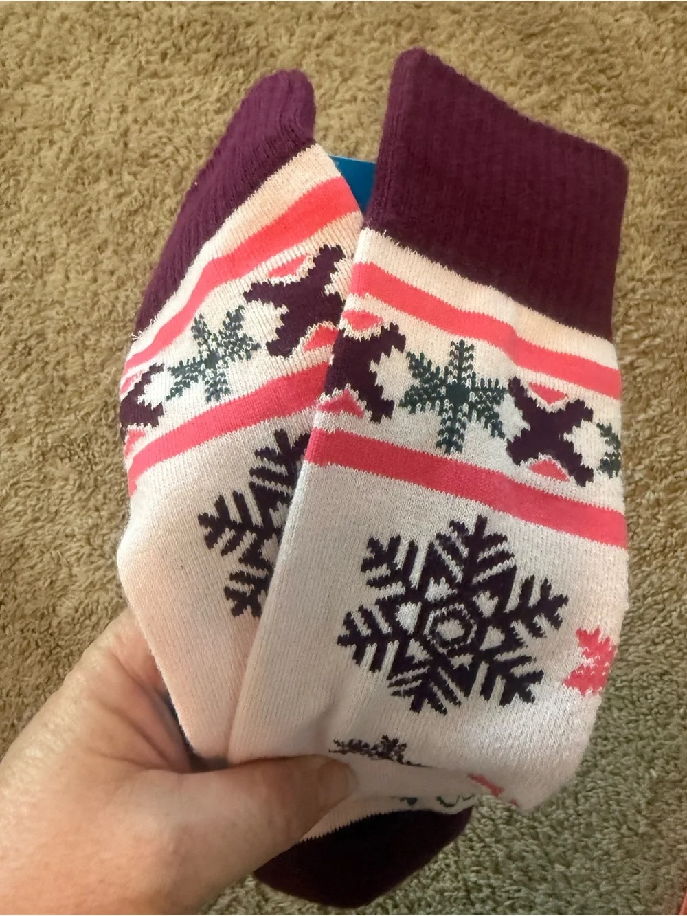 Columbia Men’s Ski Socks - Cream, Pink & Burgundy Snowflake